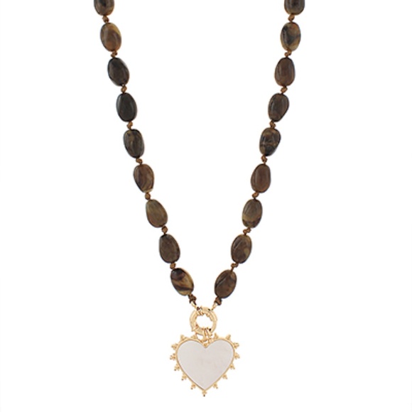 MOP Heart & Mable Stone Bead Necklace - Picture 3 of 3